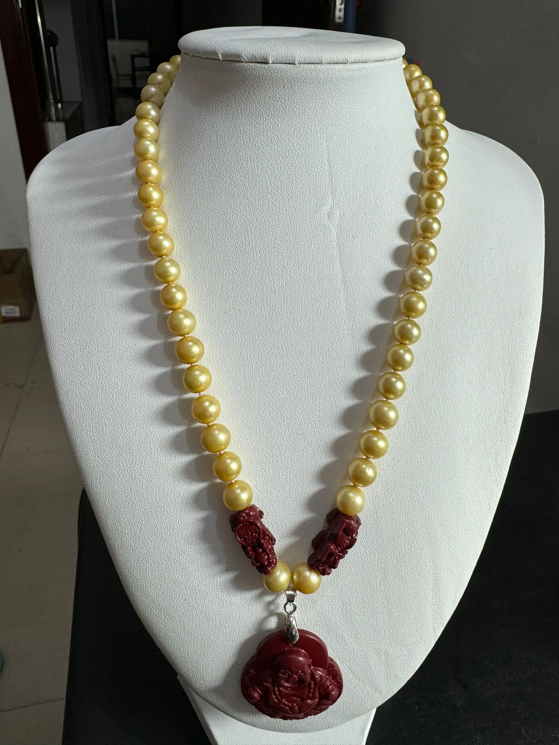 RARE Natural freshwater pearl cinnabar NECKLACE Buddhism pendant