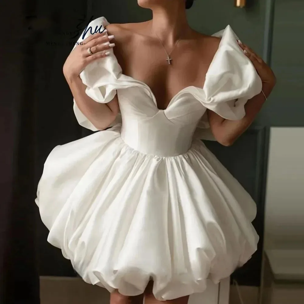 

ML Elegant A-line Off Shoulder Short Wedding Dress Prom Gown Sweetheart Illusion Pleat Mini Bridal Gown Vestido De Noiva Customi
