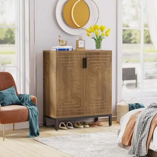 문이 있는 20켤레 신발장, 5단 수납 정리함(연한 갈색)