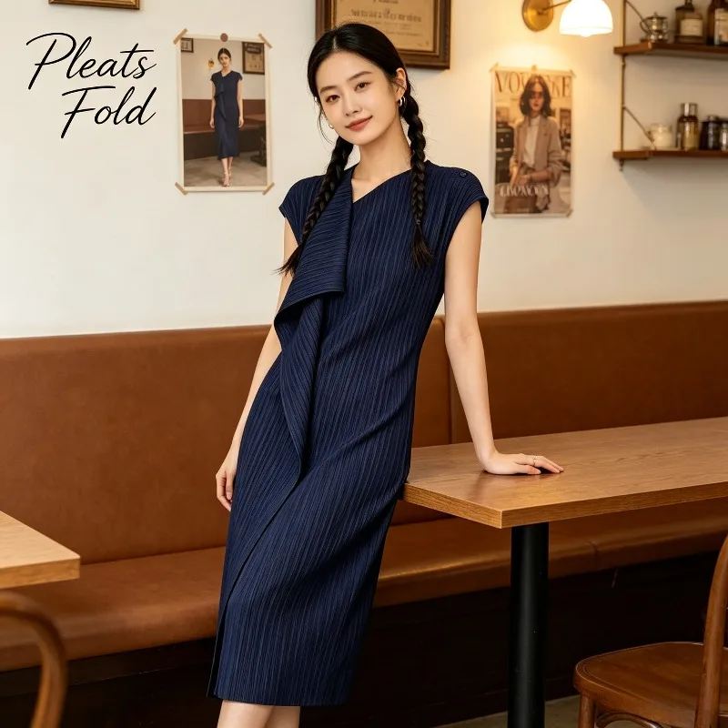 Miyake Pleated 2026 New Dress Summer Single Button Off-Shoulder Sleeveless Straight Long Dress High-End Draped Commuter Dress