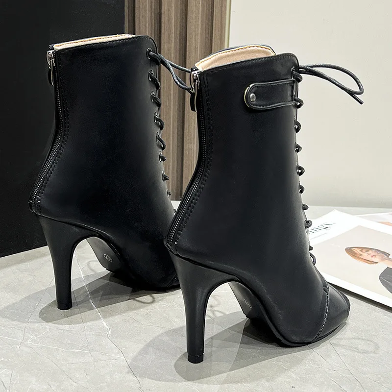 Nuevas sandalias Baotou para mujer, botas altas negras a la moda, botas de cuero con cordones y punta abierta, tacones altos sexys y delgados, zapatos.