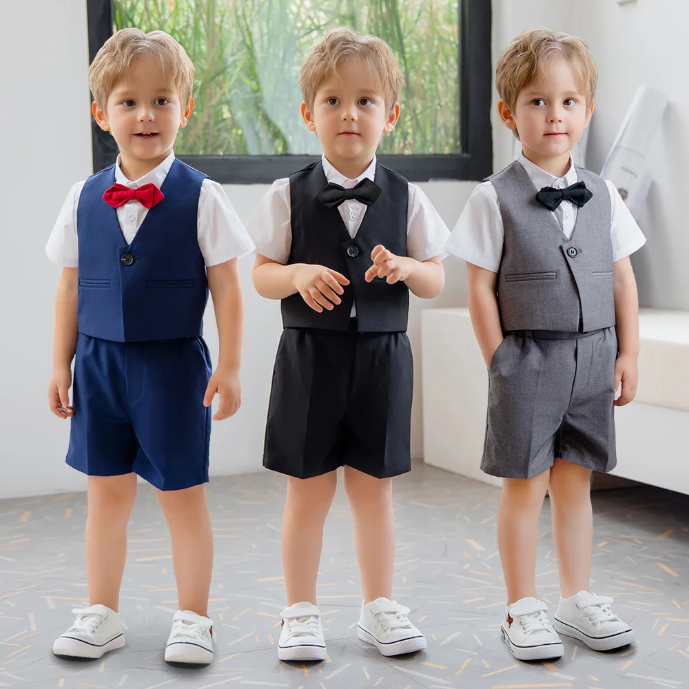 

Children's Summer Vest Suit Set Boys' Short Sleeve Waistcoat Bowtie Clothes Kids Wedding Hosting Performance Piano Dress