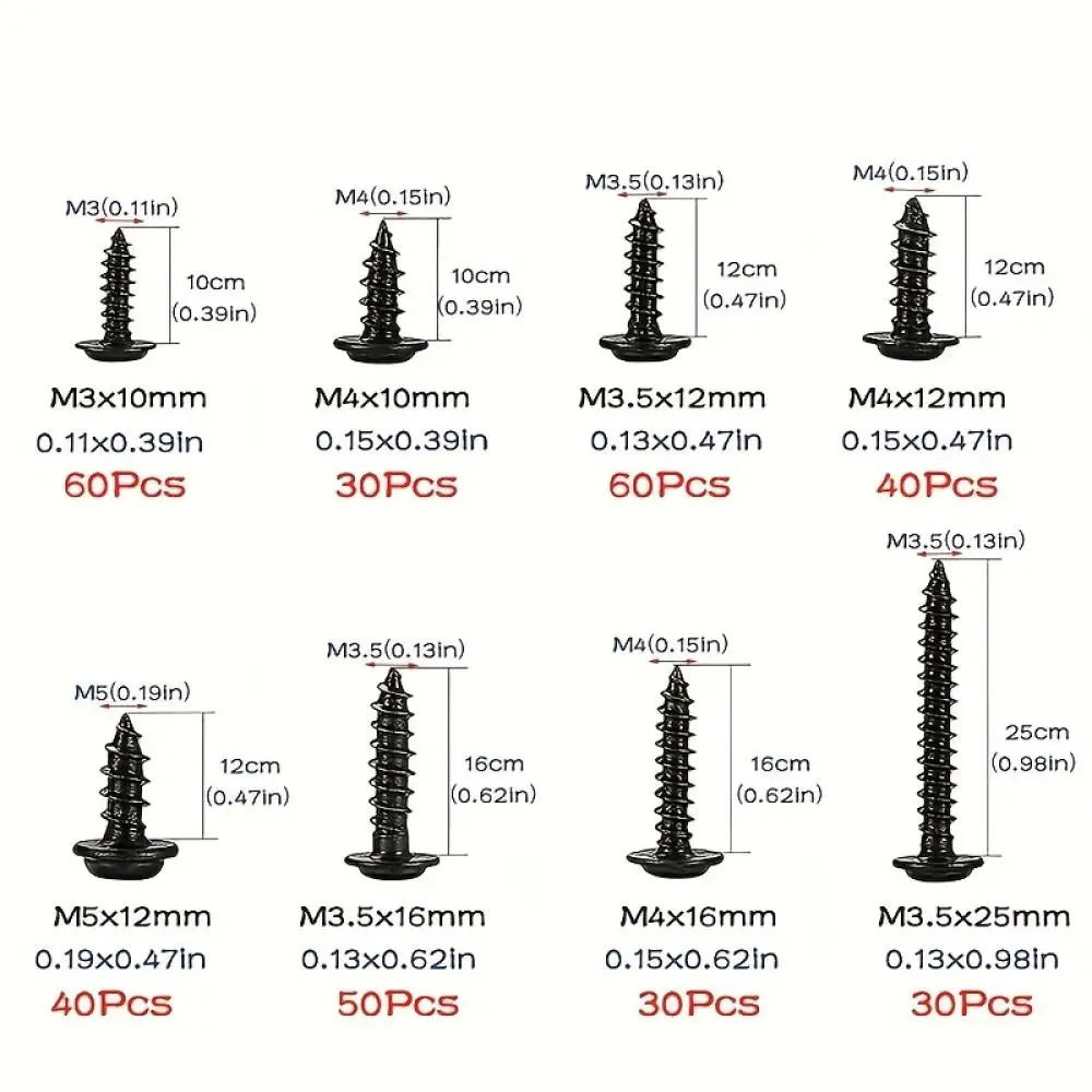 340 Black Round Head Self Tapping Screws Hardware Fasteners Assortment For Woodworking Industrial Metal Fixing Construction