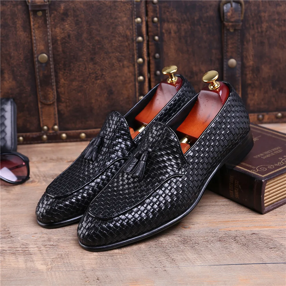 Fashion Brown Tan / Black Woven Design Summer Loafers Mens Wedding Groom Shoes Genuine Leather Prom Shoes Boys Dress Shoes