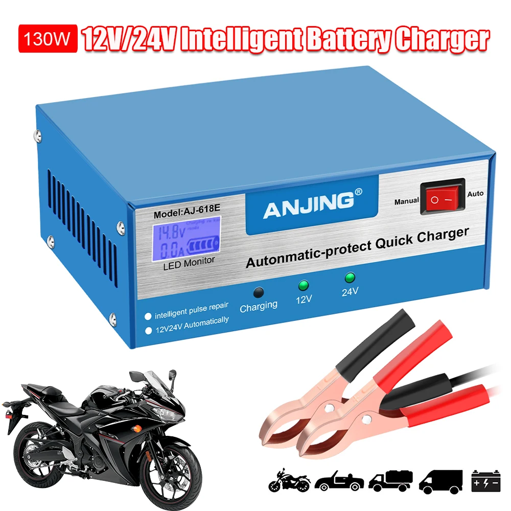 

130W Fast Charging 24V/12V Motorcycle Battery Chargers Intelligent Pulse Repair Storage Cell Automobile Boat Batteries Maintance