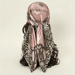 2024 New Leopard Chain Print Square Turban Scarf Classic Satin Bandana Vintage Hijab Women Head Wraps Windproof Shawl