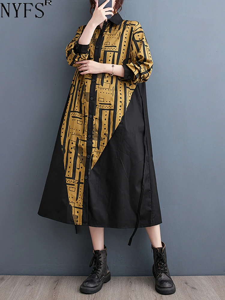 

NYFS 2024 Autumn New Korea Woman Dress Vestidos Robe Elbise Loose Plus Size Print Patchwork Long Sleeve Fashion Shirt Dress