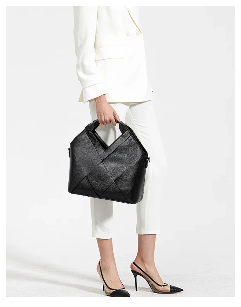 Aidrani Damen-Handtasche aus echtem Rindsleder, schwarz, gewebtes Karodesign, Schulter- und Umhängetasche – Detail 3