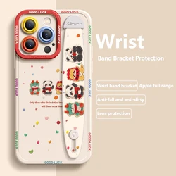 Deluxe Wrist Band Bracket Case For iphone 15 14 13 12 11 Pro Max X XR Xs Silicone Cell Phone Protective Cover Dragon And Panda