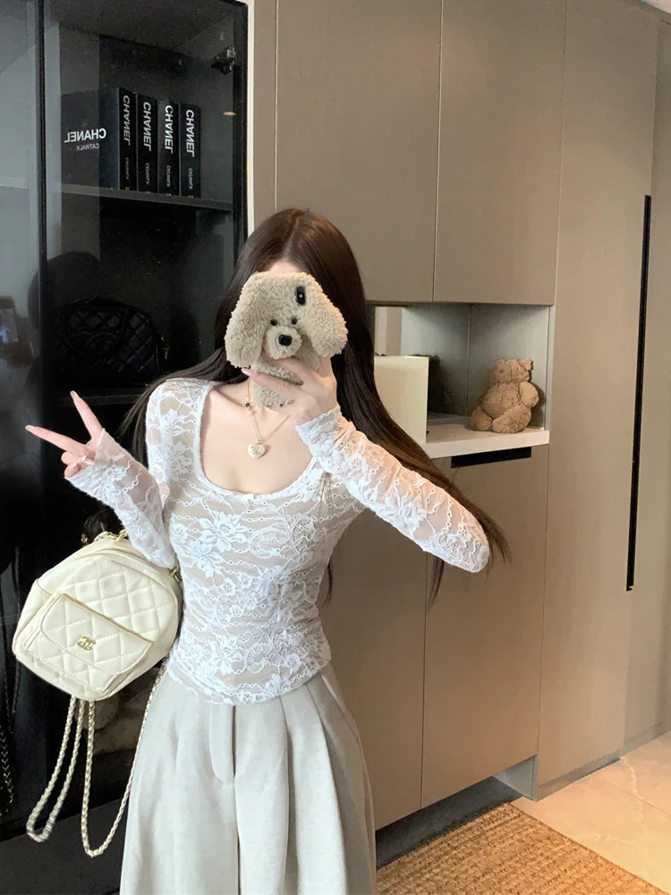 

Ele Long Sve Lace irt Women's Slim Fit Versatile Inner Wear Spring 2026 Faion Trendy Top Quali Material