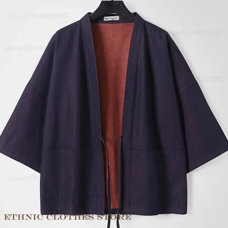 

Куртка оверсайз из 100% хлопка, мужское традиционное японское кимоно, кардиган юката, Харадзюку, свободная джинсовая ткань с открытой передней частью, уличная одежда