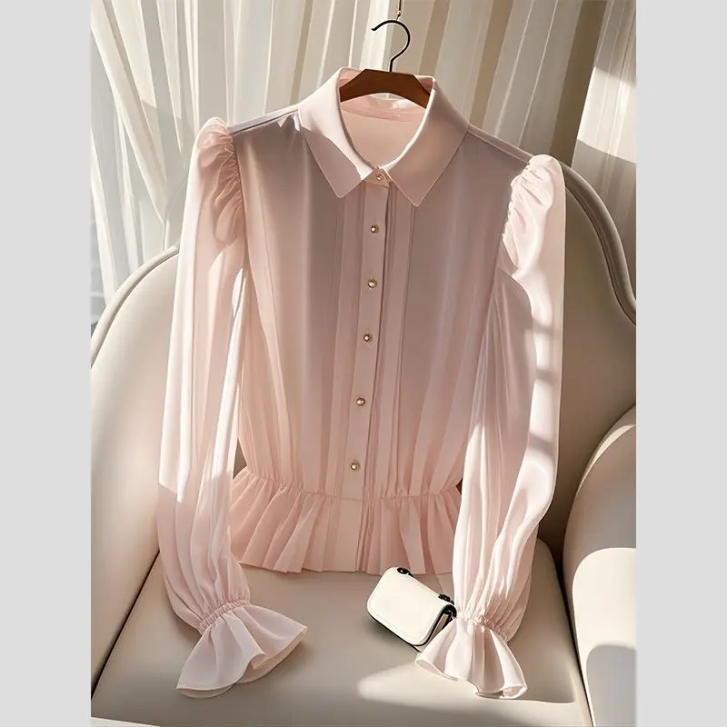 Unique and Beautiful French Style Light Luxury Exquisite Pink Long Sleeved Shirt