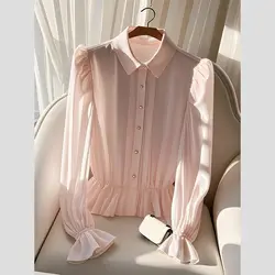 Unique and Beautiful French Style Light Luxury Exquisite Pink Long Sleeved Shirt