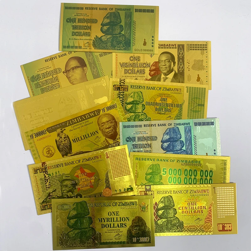 Zimbabwe $Z100 Trillion/100 Quintrillion/5 Octillion/100 Decillion Dollar Gold Foil Banknote Replica Paper Money Business Gift