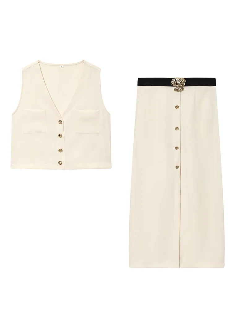 

HH женский модный однобортный жилет с карманами, жилет без рукавов + элегантный пояс с разрезом на подоле, повседневная юбка на молнии, костюм Mujer