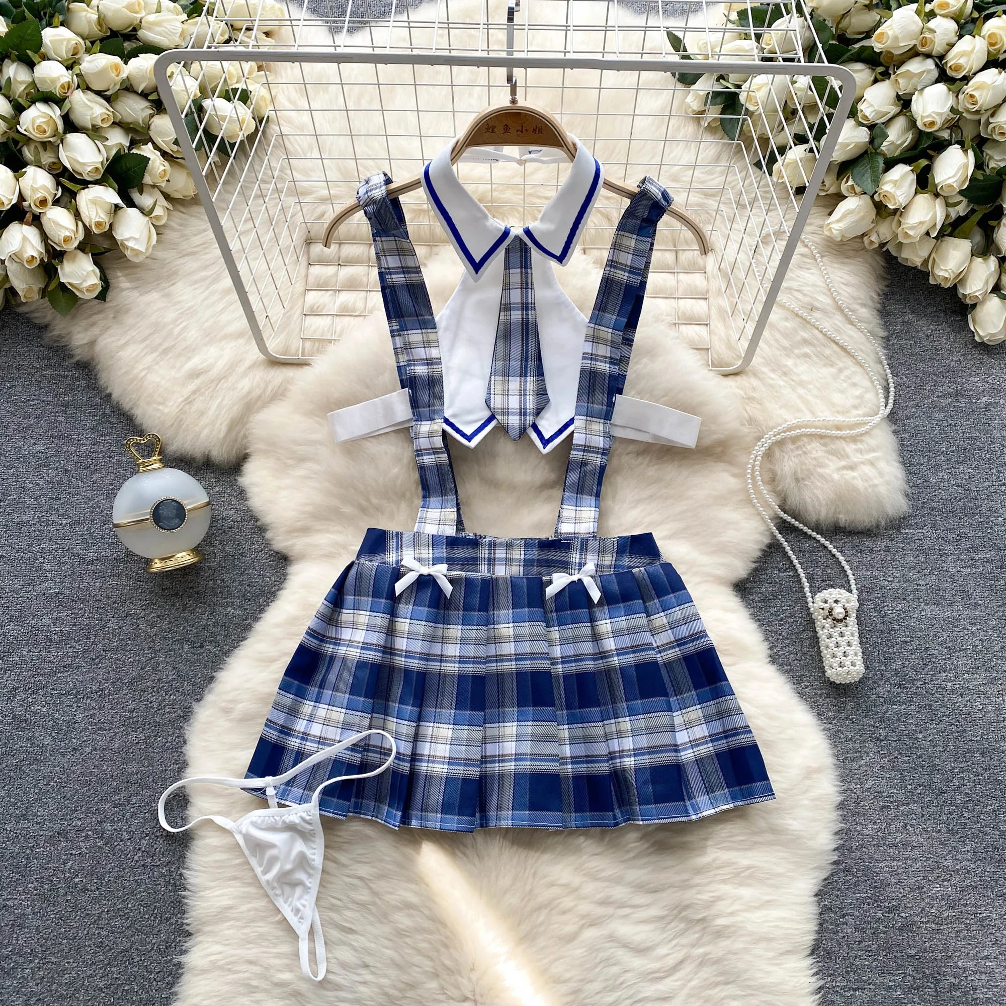 French Sexy Sweet Lovel JK Uniform Night Dress Hollow Out Tie Slim Nightwear Erotic Plaid Lingerie Women Pleated Pajamas Dresses