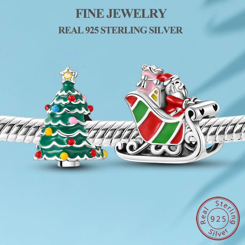 

Real S925 Sterling Silver Christmas Tree Santa Sleigh Charm Bead Pendant Fit Original Bracelet Bangle Woman Man DIY Jewelry Gift