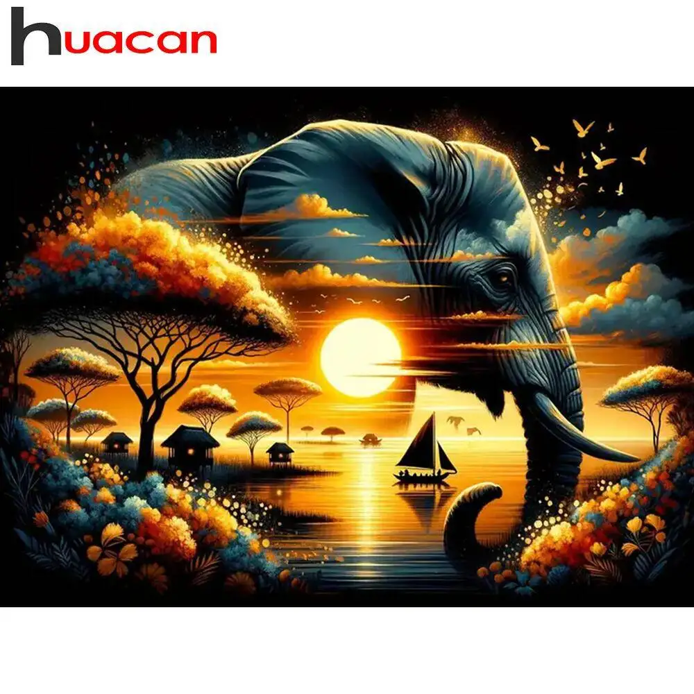 Huacan Diamant-Mosaik, Elefant, Tier, Baum, Sonnenuntergang, Landschaft, komplett, rund, quadratisch, voller Diamanten, Malerei, Kunst-Set, Wanddekoration
