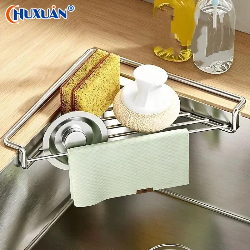 Q Triangular Sink Drain Rack Stainless Steel Sink Caddy Organizer Drainable Large Capacity Multifunctional Sink Organizer