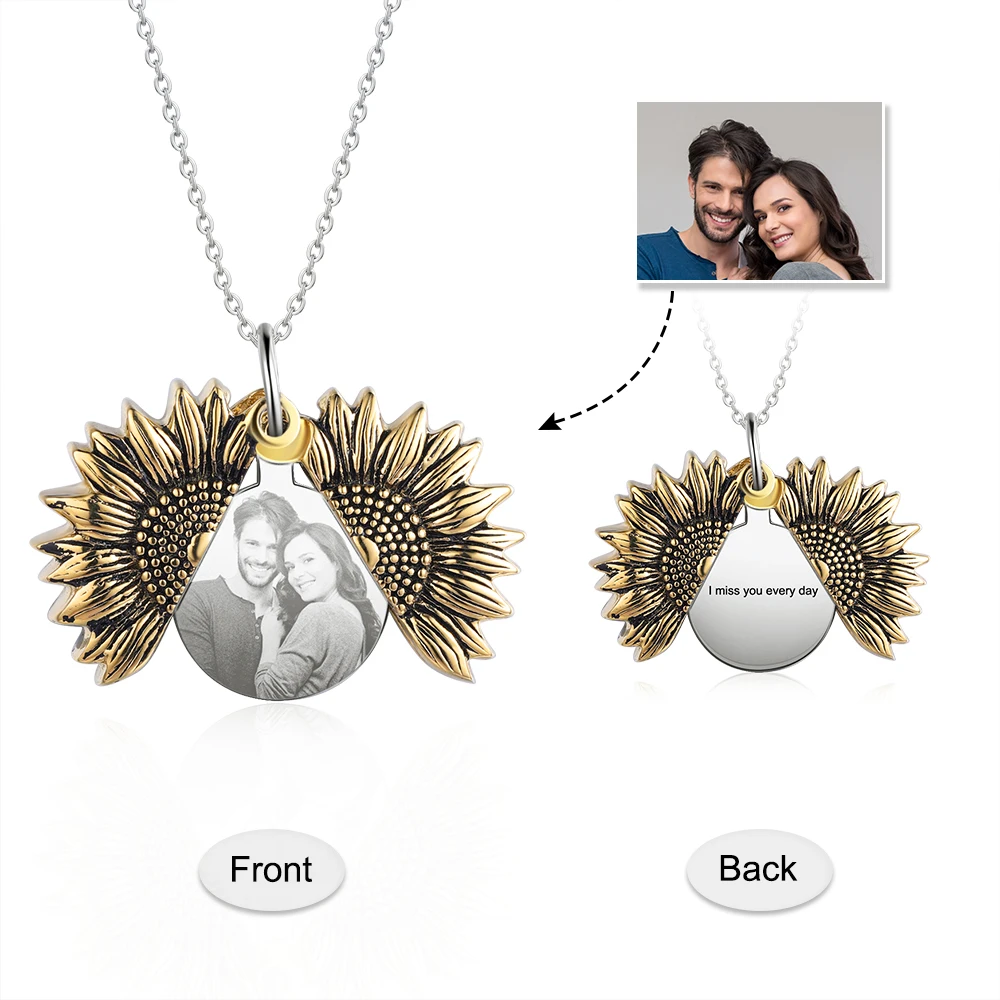 JewelOra Personalized Sunflower Photo Necklace Customized Name Engraved Locket Pendants for Women Christmas Anniversary Gift