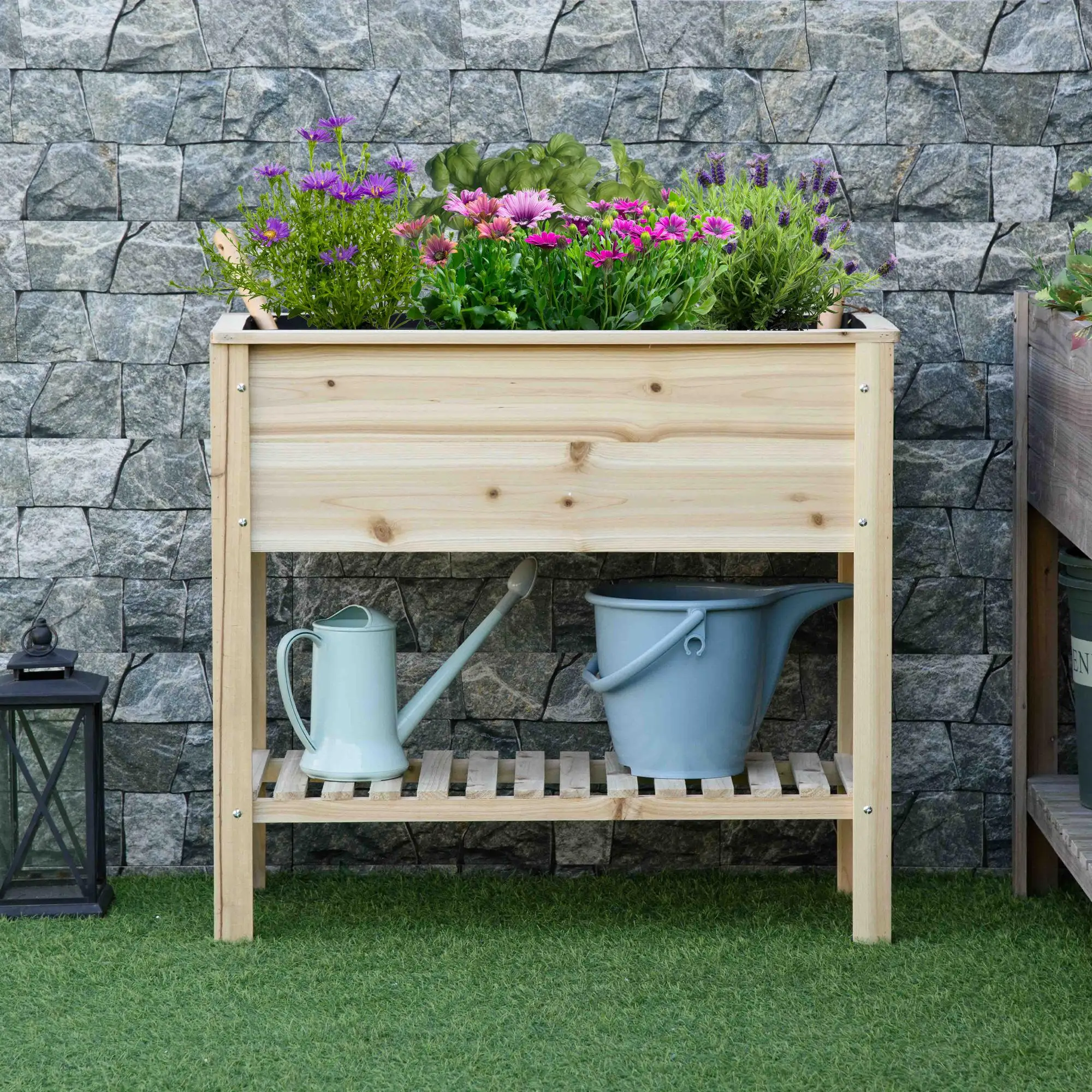 Cama elevada con rejilla 90x40x81 cm, de madera maciza, con cubo de jardín, tela no tejida y sistema de riego para plantas de flor.