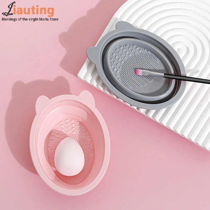 Makeup Brush Cleaning Tool Foldable Silicone Bowl Beauty Egg Cleaner Sponge Puff Washing Portable Scrub Mat Cat Ear Cosmetics