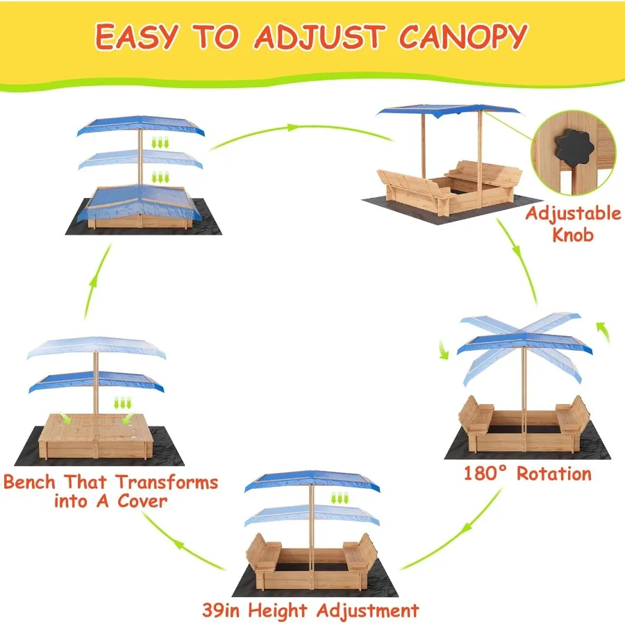 Bac à sable en bois avec couvercle bac à sable avec auvent extérieur avec couvercles et sièges de banc pliables toit résistant aux UV et à hauteur réglable