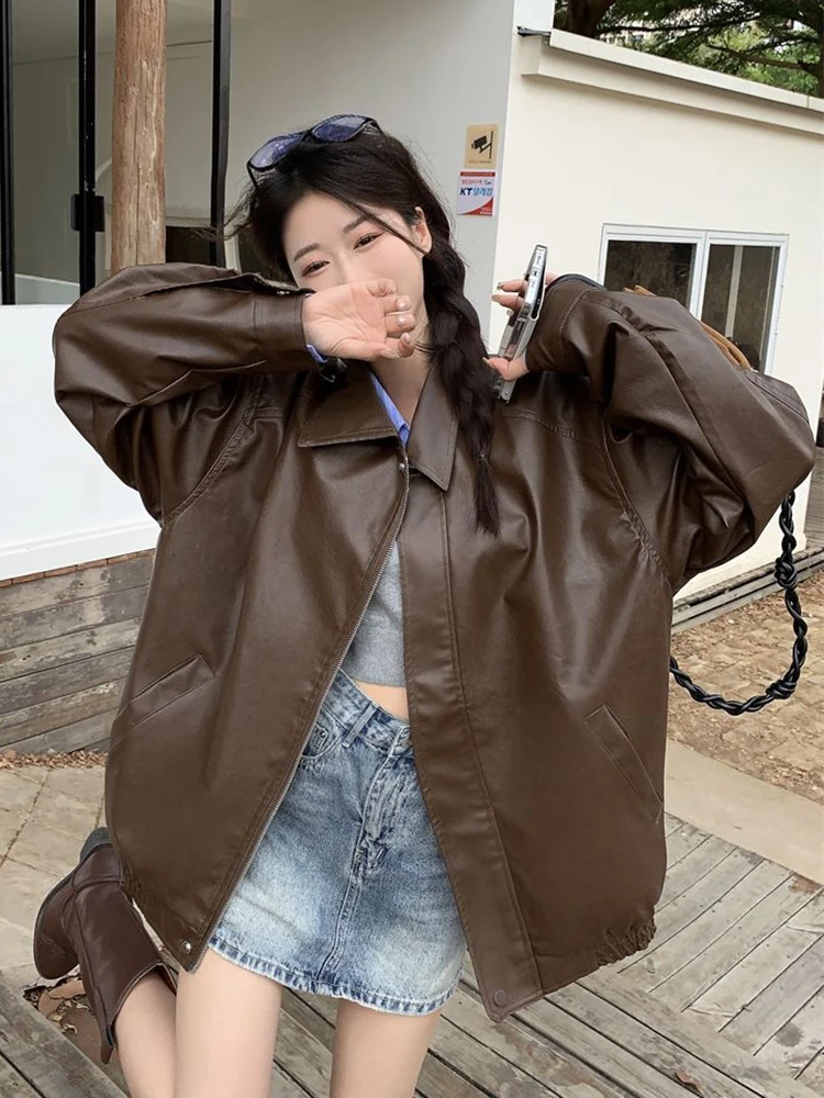 سترة نسائية من البولي يوريثان بتصميم عتيق لراكبي الدراجات النارية الأمريكية ملابس خروج فضفاضة بأكمام طويلة معطف هاراجوكو لخريف وشتاء ملابس علوية نسائية غير رسمية عالية الجودة جديدة #2