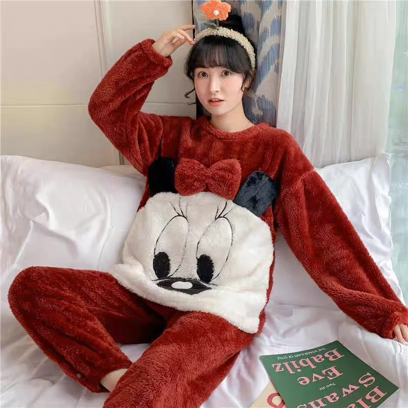 Cartoon Disney Donald Duck Pajamas Winter Crew Neck Coral Fleece Loungewear Two-piece Set New Mickey Mouse Women\'s Pajamas