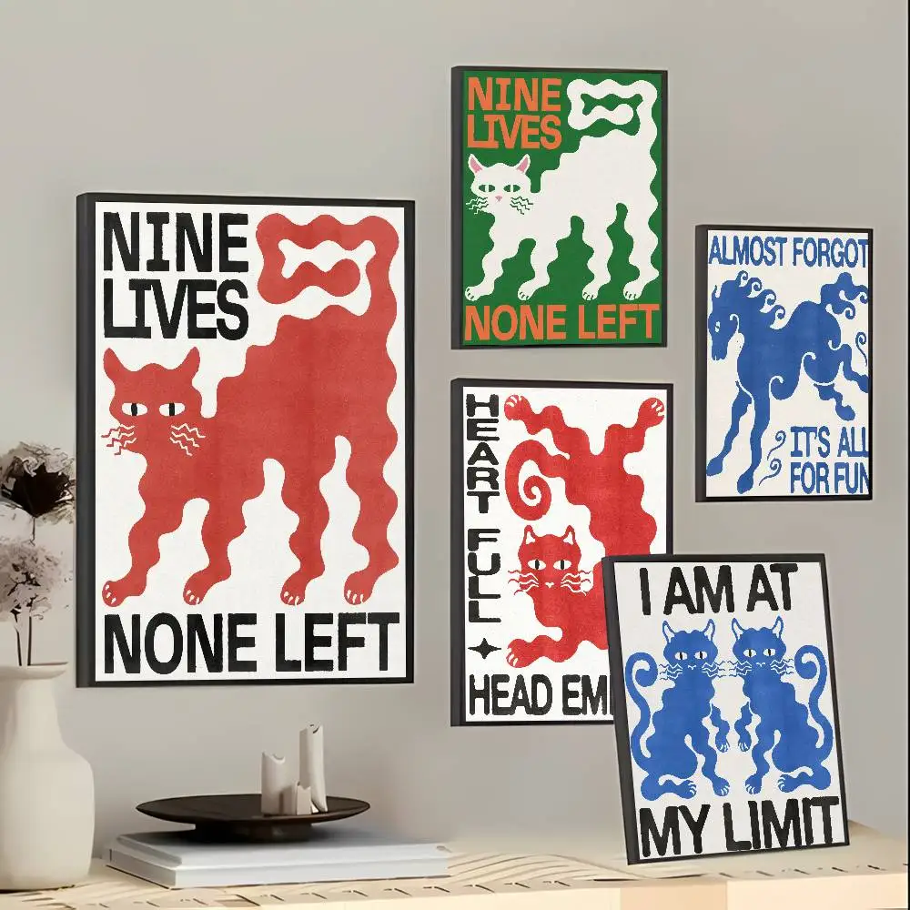 Abstract Wavy Cat Poster, Nine Lives None Left Retro Graphic Cat Art Print Fun Quirky Typography Cat Wall Poster Room Wall Decor