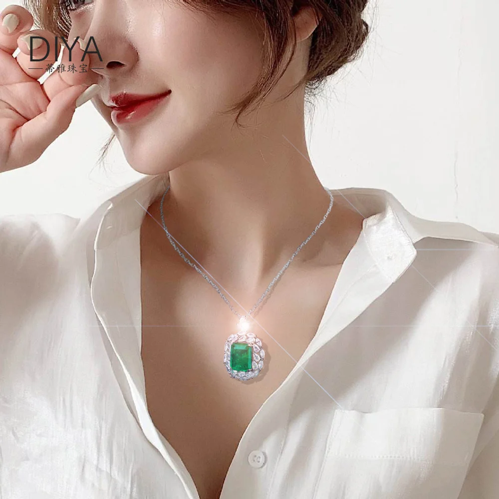 genuine Luxury brand real jewels 925 Sterling Silver with Cultured Treasure Emerald Pendant 12 Carat Powder Zirconia Necklace Fe