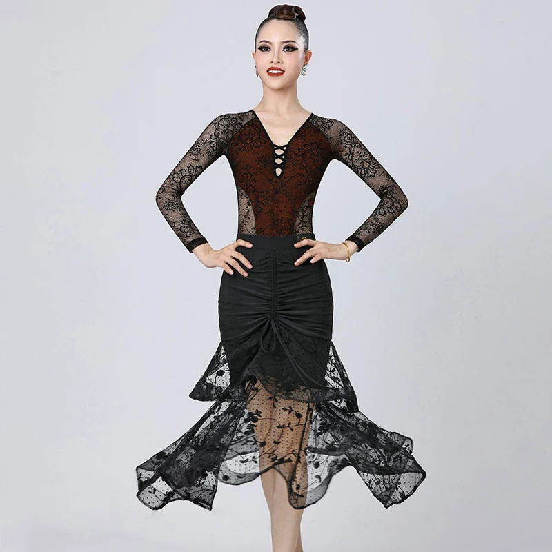 

Women Party Latin Dance Dresses Lace Ballroom Dance Top Skirt Waltz Modern Dancing Clothes Adults Competition Dance Costume 9156