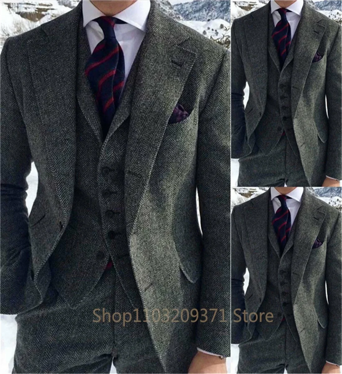 3 Pieces Herringbone Suit Men Formal Business Tweed Tuxedo for Men Tailor-made Retro Wedding Men\'s Suit Jacket Vest Pants Set