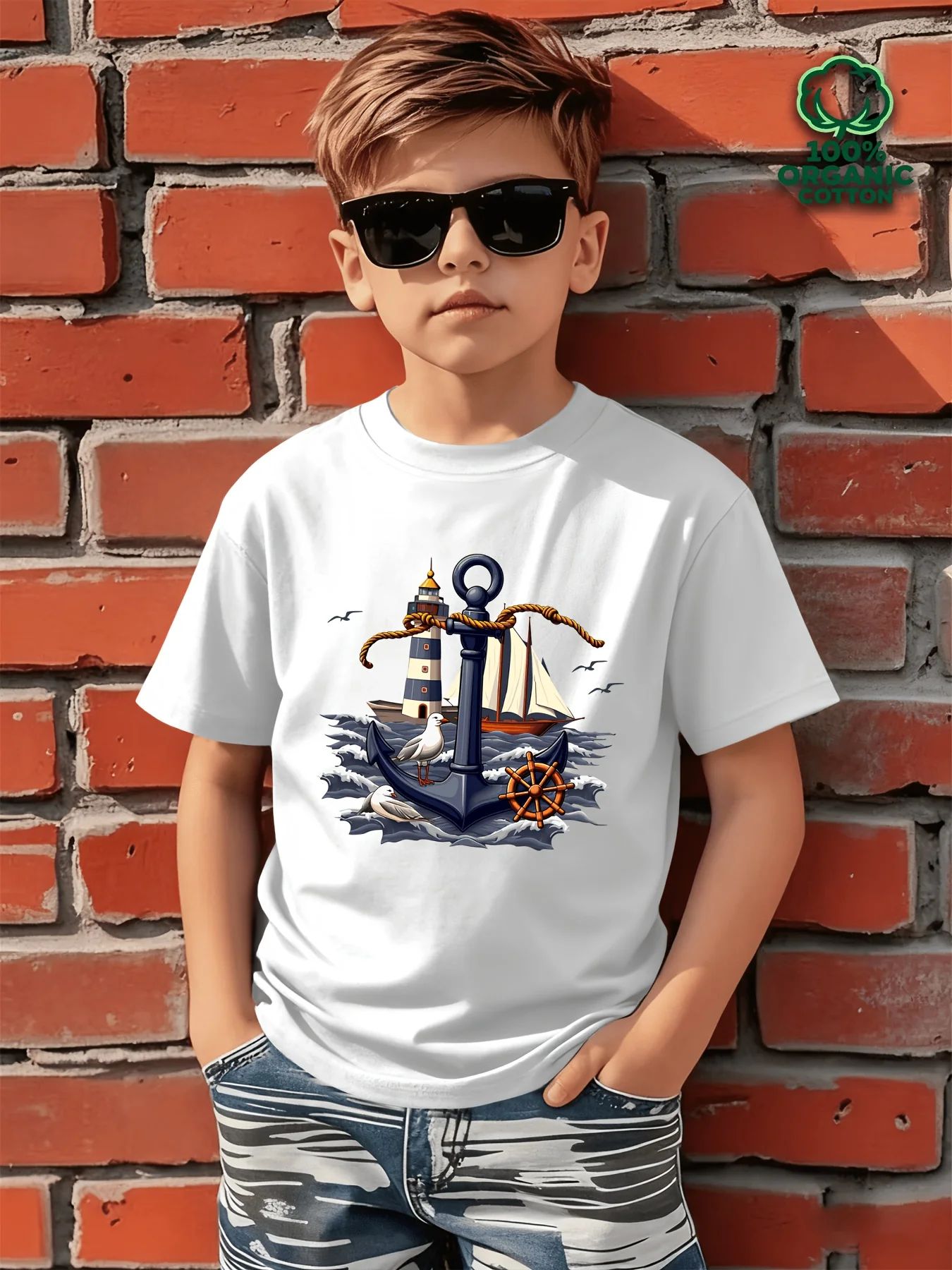 Kids Nautical Anchor Lighthouse Sailboat Seagull Graphic T Shirt Boys Short Sleeve Organic Cotton Tee Summer Sea Beach Child Top