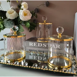 4pcs Glass Candy Jar with Lid Mirror Tray Jewelry Cosmetic Aromatherapy Tea Cup Storage Tray Gold Dried Fruit Snack Sealed Jar