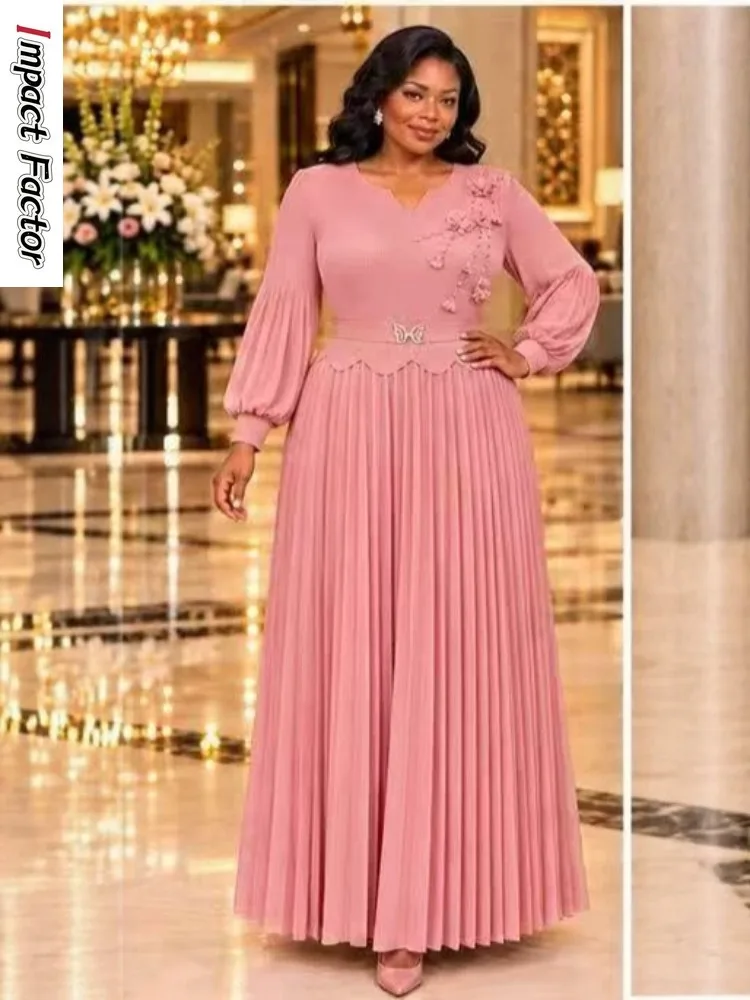 Miyake Loose New Solid Color Embroidery Fashion Slim V-neck Women's Pleated Casual Elegant Long Dress