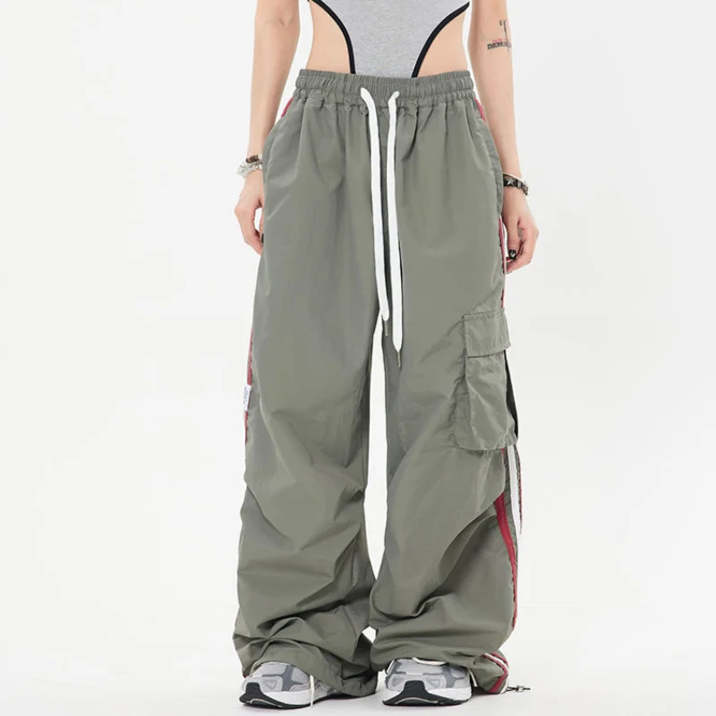 

American Trendy Loose Workwear Pants Women Stripe Elastic High Waist Drawstring Pocket Straight Casual Versatile Sports Trousers