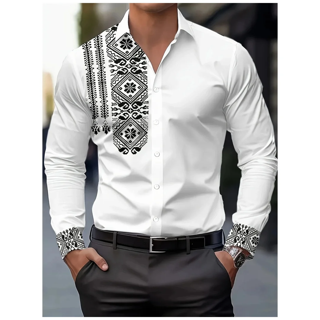 

Autumn men's long sleeved shirt Flower patterned shirt 100% polyester Casual collar shirt Breathable mens clothing Versatile top