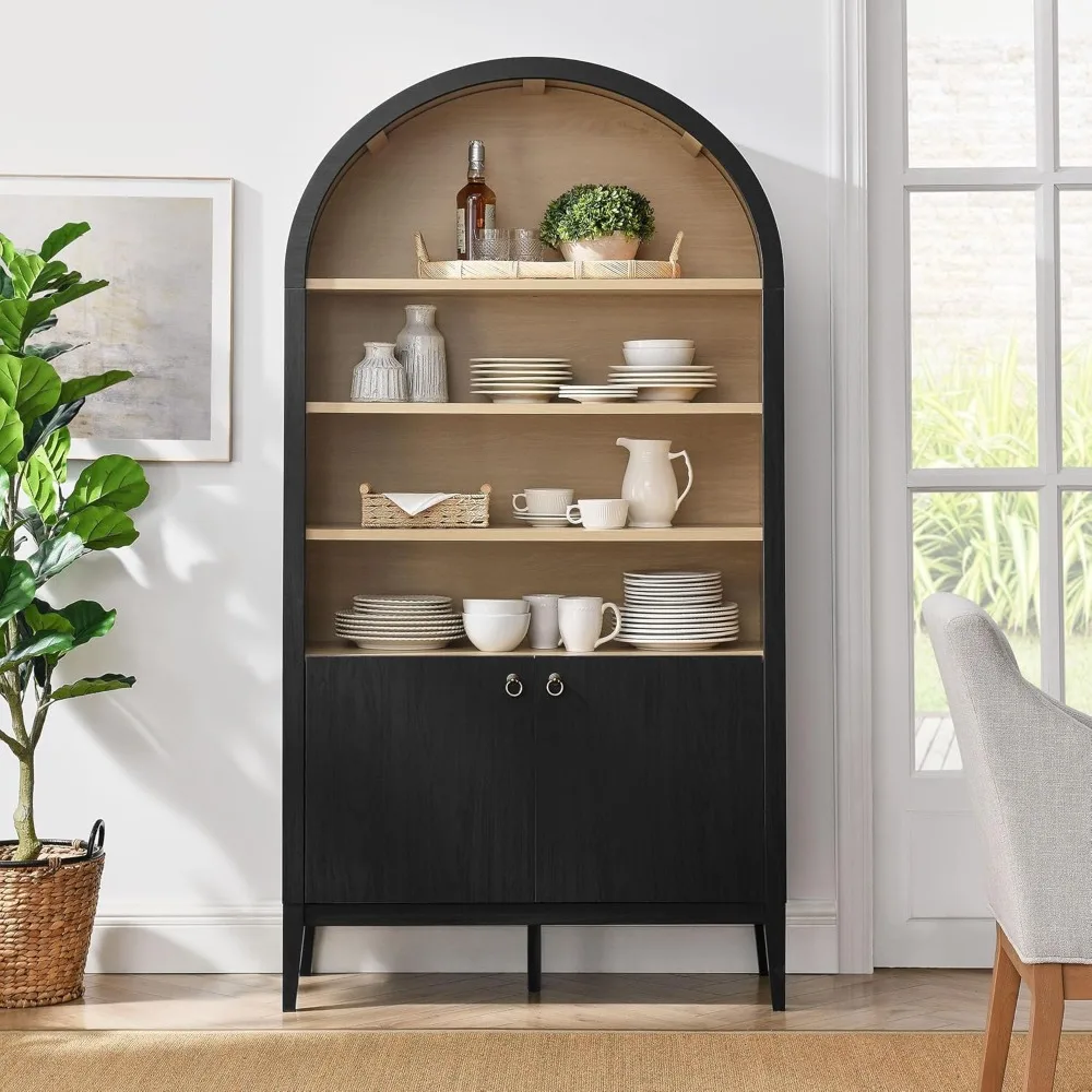Nolan Tall Arched Storage Display Cabinet in Black - 74 Inch Arch Bookshelf with Open and Closed Shelving - Modern Accent Cabin