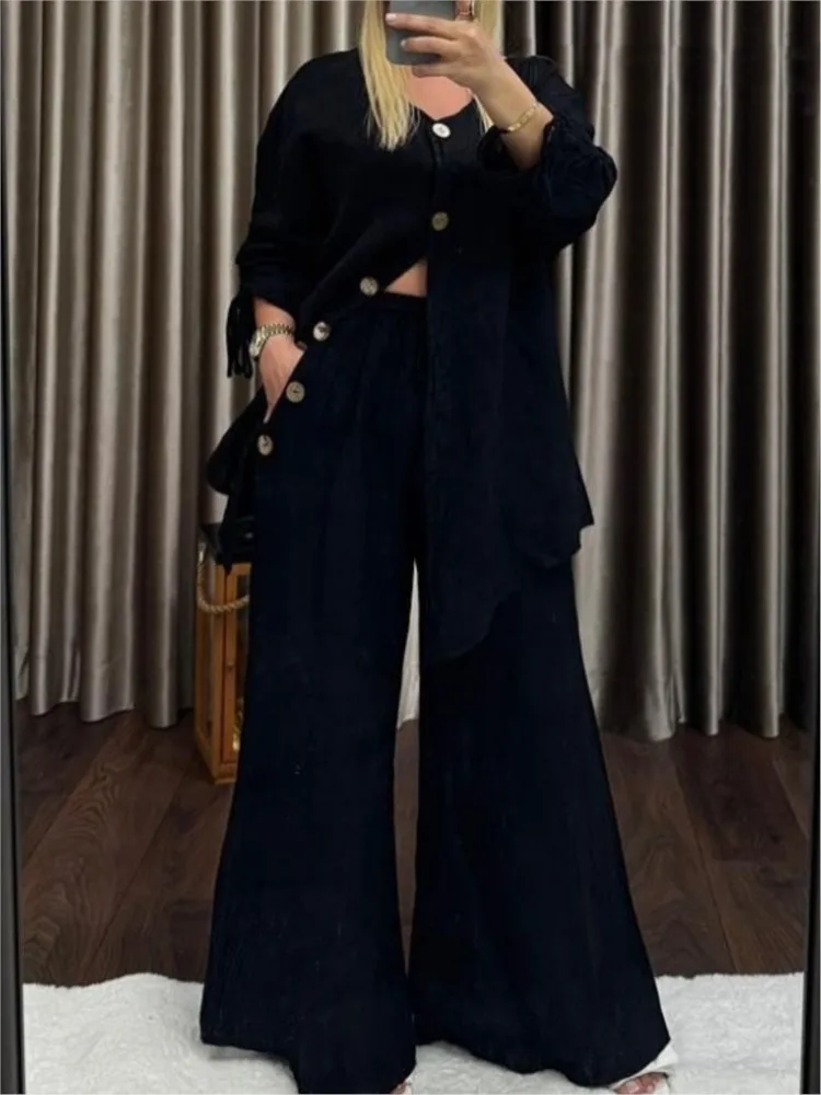 Lady Casual Loose Sets Outfits Fashion Solid V Neck Long Sleeve Button Tops+High Waist Wide Leg Pants 2 Pieces Set For Woman New