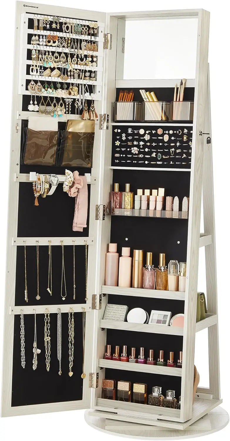 

360 ° Swivel Jewelry Cabinet, Jewelry Organizer with Full-Length Mirror, Rear Storage Shelves, Interior Mirror