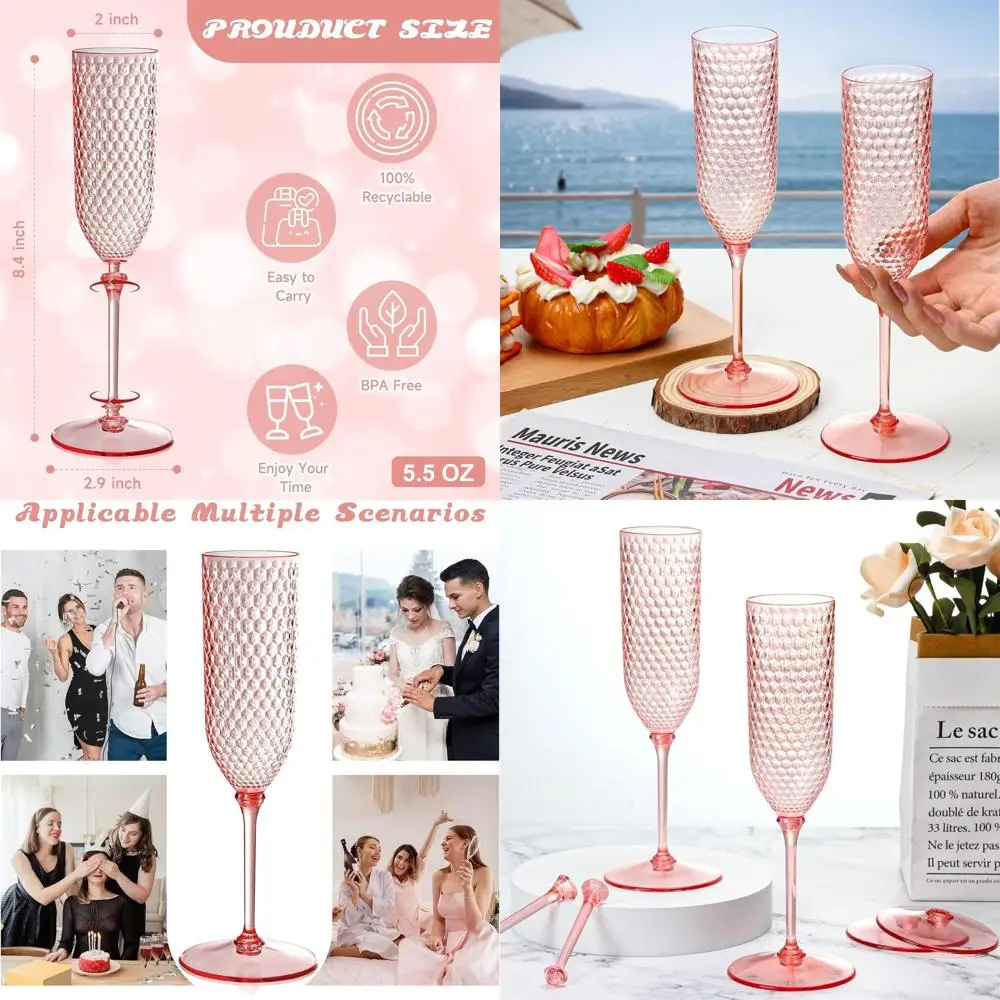 

100 Pack 2-Piece Detachable Pink Champagne Lutes, 5.5 Oz Unbreakable Plastic Mimosa Cups, Reusable Stemmed Wine Glasses for Toas