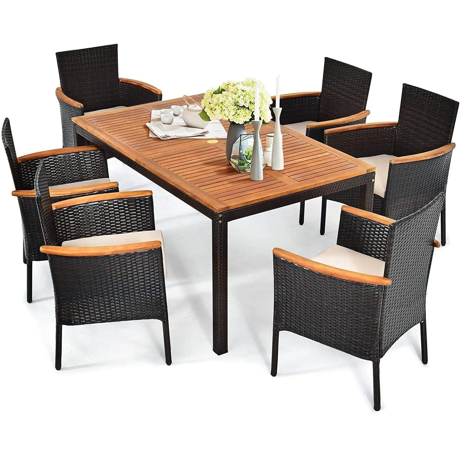 7-Piece Rattan Patio Dining Set Outdoor Wicker Dining Set with Umbrella Hole, Removable Cushions, Table & Chairs, Customized