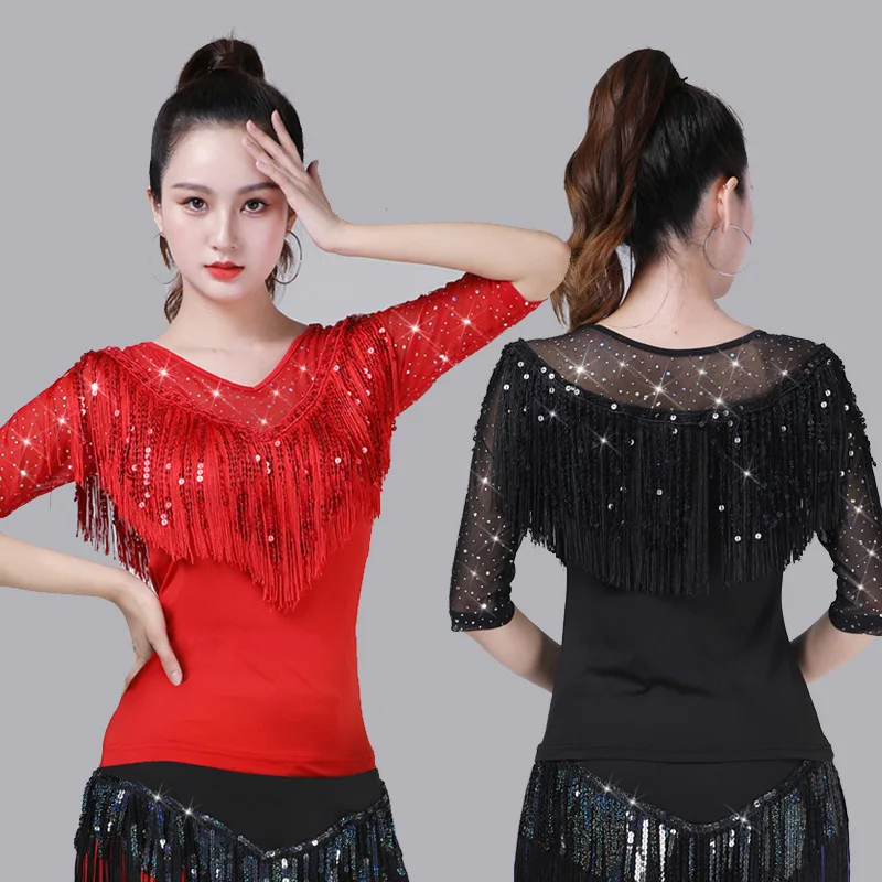Modern Dance Practice Wear Tassels Latin Dance Top Three-Step Step Dancing Clothes Latin Square Dance Clothes National Standard