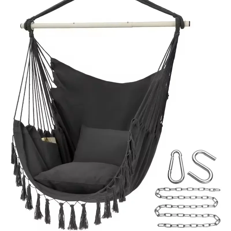 2026 Hammock Chair Hanging Rope Swing Max 500 Lbs with 2 Cushions Large Macrame Hanging Chair and Pocket