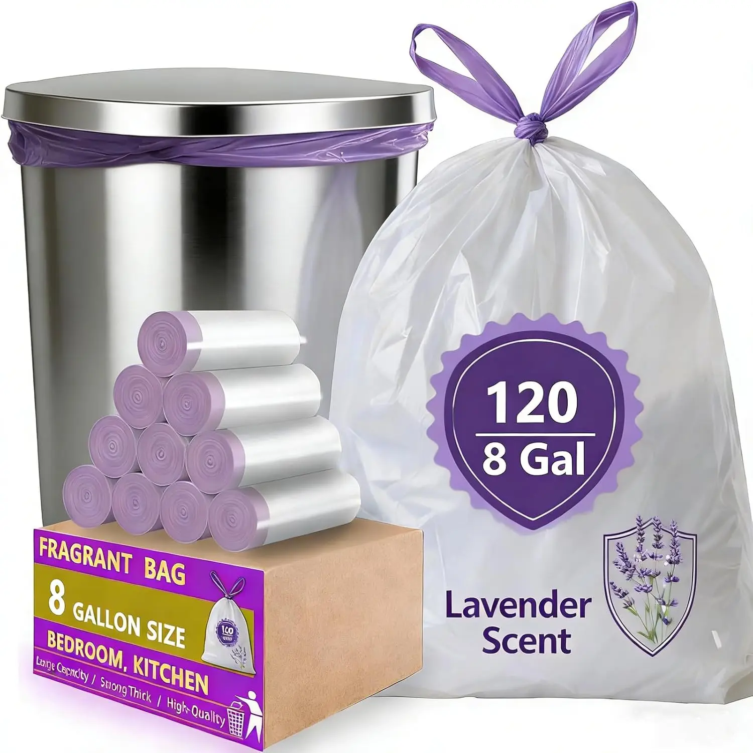8 Gallon Trash Bags Drawstring, 120 Count Lavender Scented Leak Proof Medium Garbage Bags, 8 Gal Bin Bags Odor Control & Tear Resistant Can Liners for Kitchen Bathroom Bedroom Office