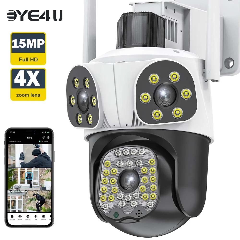 

8K 15MP Wi-Fi камера безопасности с отслеживанием движения, трехэкран, 4-кратный зум, уличная PTZ-камера, защита безопасности, камеры видеонаблюдения