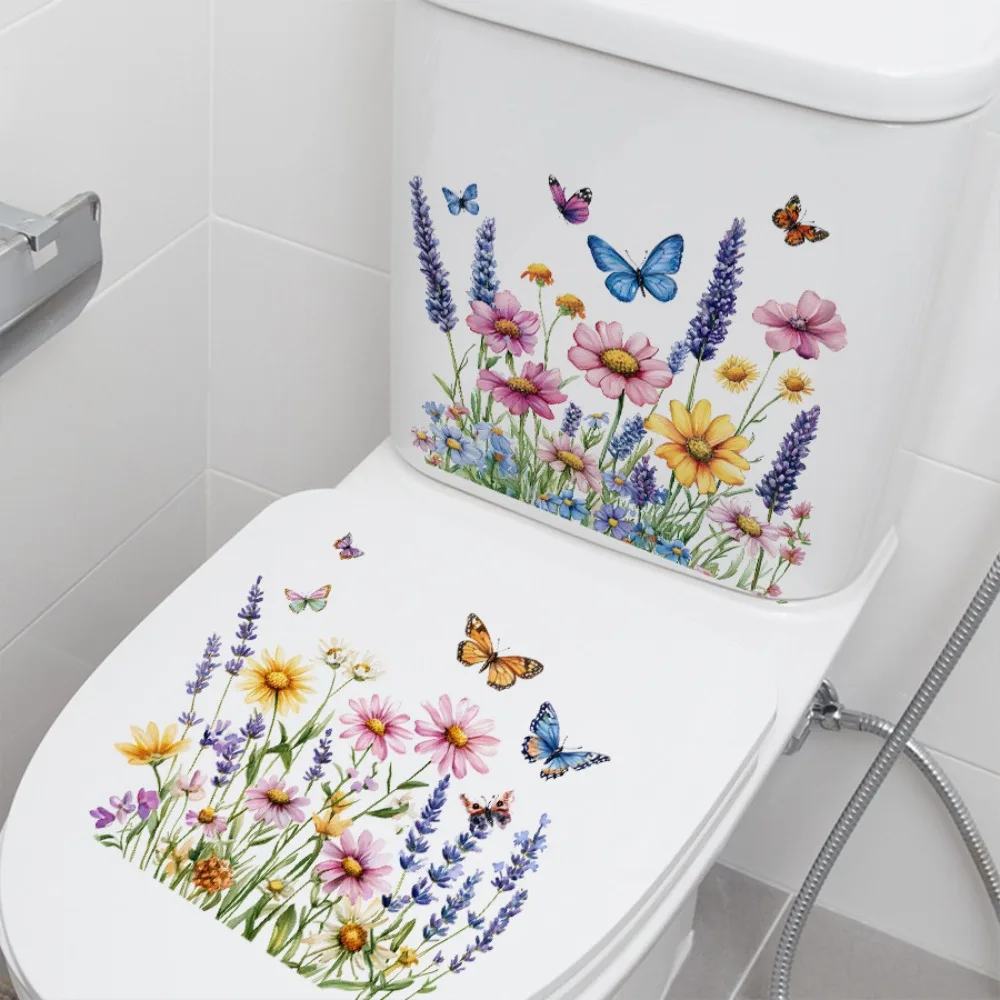 Toilet Decal Sticker Set 2-Piece Vintage Floral Butterfly Design Self-Adhesive Water-Resistant for Bathroom Decor Peel and Stick