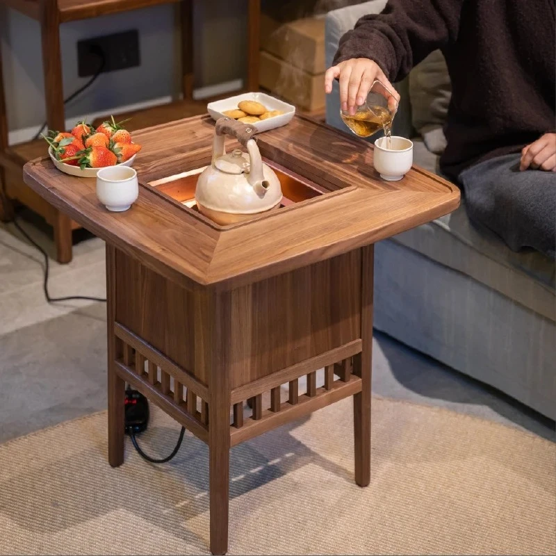 Black walnut solid wood tea roasting fire electric ceramic stove barbecue multi-functional tea table