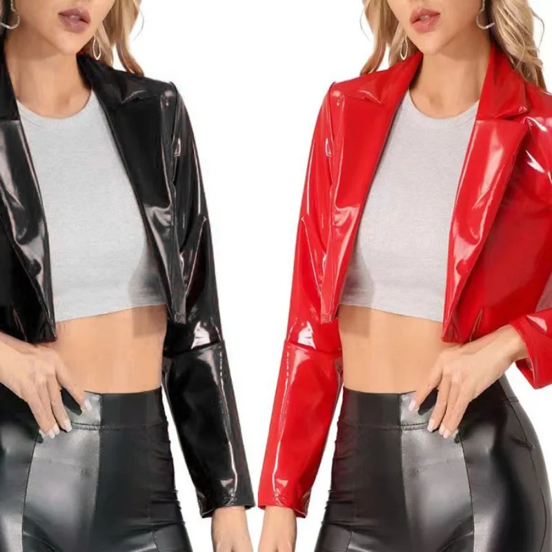 Dames glanzend leren jack wetlook blazer met revers korte jas latex leer lange mouw cropped jas rave party clubwear